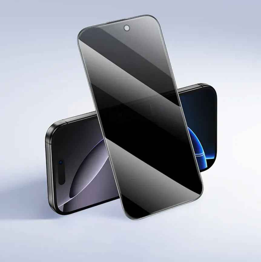 Techplus iPhone 15 Plus glass privacy screen protector 2-pack, shows the protector fitted on the phone with privacy filter visible.