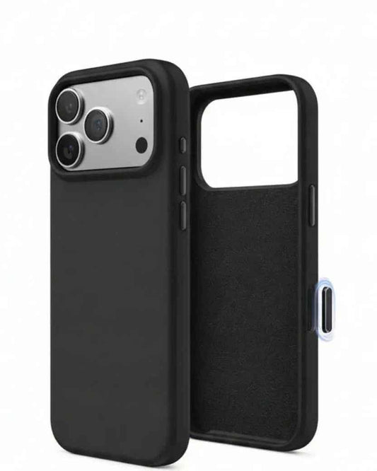 Black silicone case for iPhone 17 Pro Max by TechPlus, soft protective cover with a smooth finish and precise cutouts.
