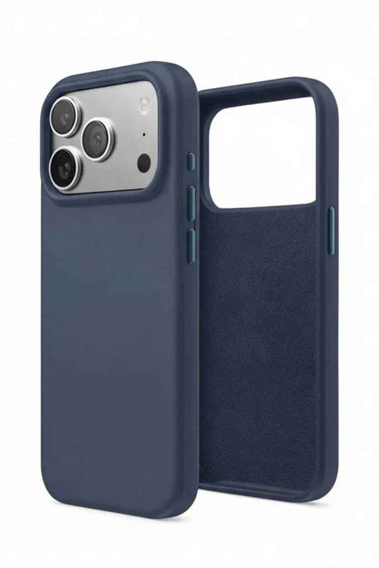 TechPlus silicone case for iPhone 17 Pro Max in navy blue, soft protective cover with a smooth finish and precise cutouts.
