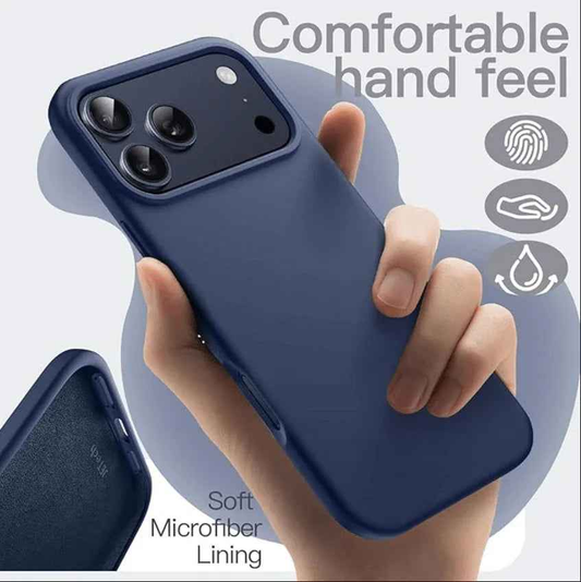 TechPlus navy blue silicone case for iPhone 17 Pro Max, soft protective cover with a smooth finish and snug fit.