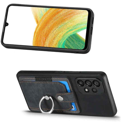 Black magnetic card holder with ring from techplus, designed to securely hold cards and easily attach to keychains or bags.