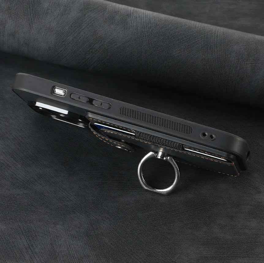 Black magnetic card holder with ring by TechPlus, showing a sleek design and secure card storage.