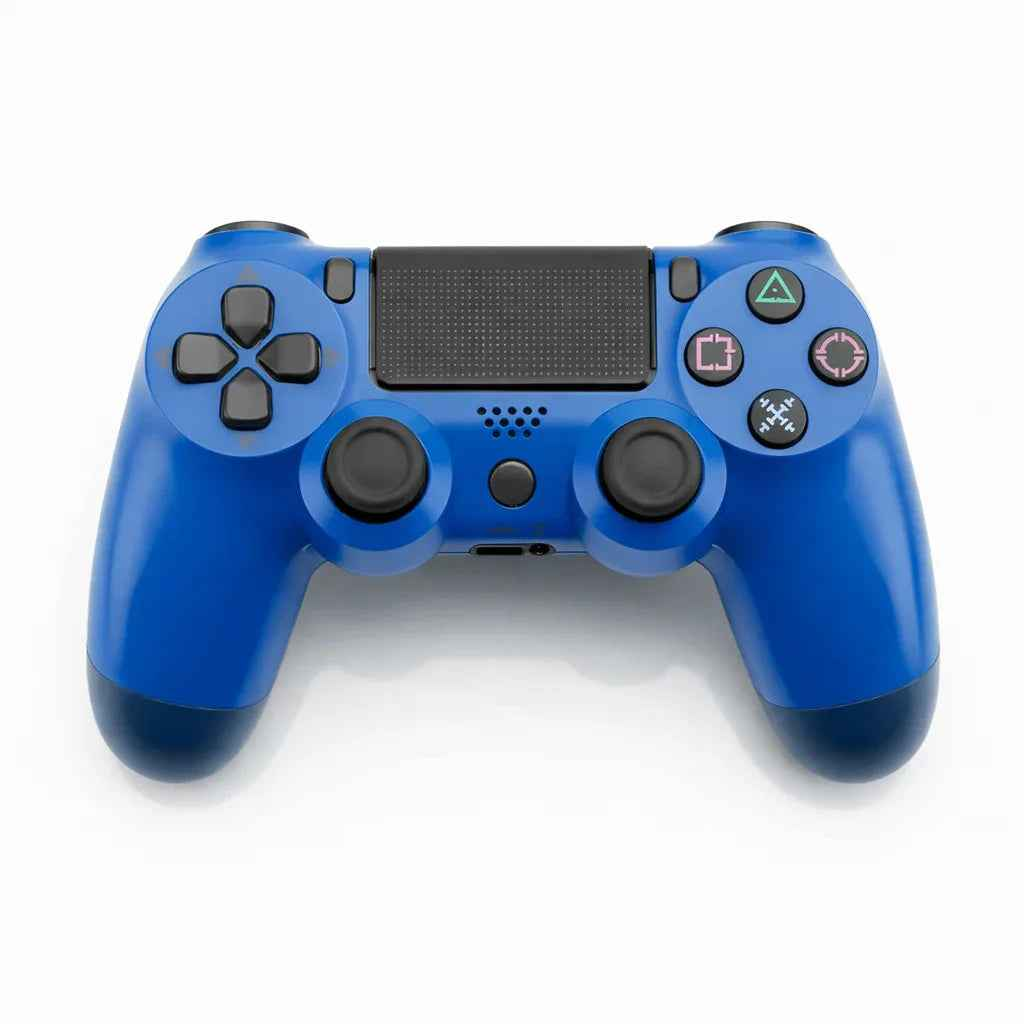 Blue PS4 controller by TechPlus with ergonomic grips and dual analog sticks, designed for comfortable gaming sessions.