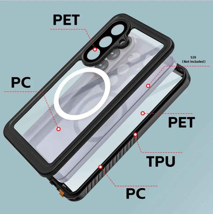 RedPepper Samsung Galaxy S26 waterproof case by TechPlus, showing the durable, protective phone cover with secure sealing features.