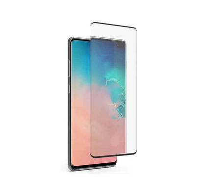 Clear tempered glass screen protector for Samsung Galaxy S10 Plus by TechPlus, showing the sleek, transparent surface and precise edge fit.