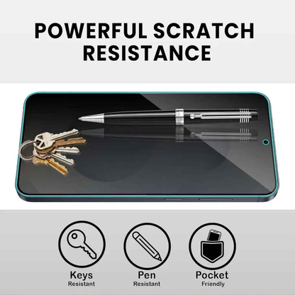 Samsung Galaxy S25 FE glass privacy screen protector by TechPlus, showing the transparent screen with privacy filter in use.