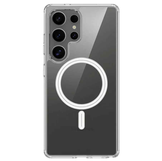 Clear Samsung Galaxy S25 Ultra MagSafe case by techplus, showing its slim design and precise cutouts for easy access and protection.