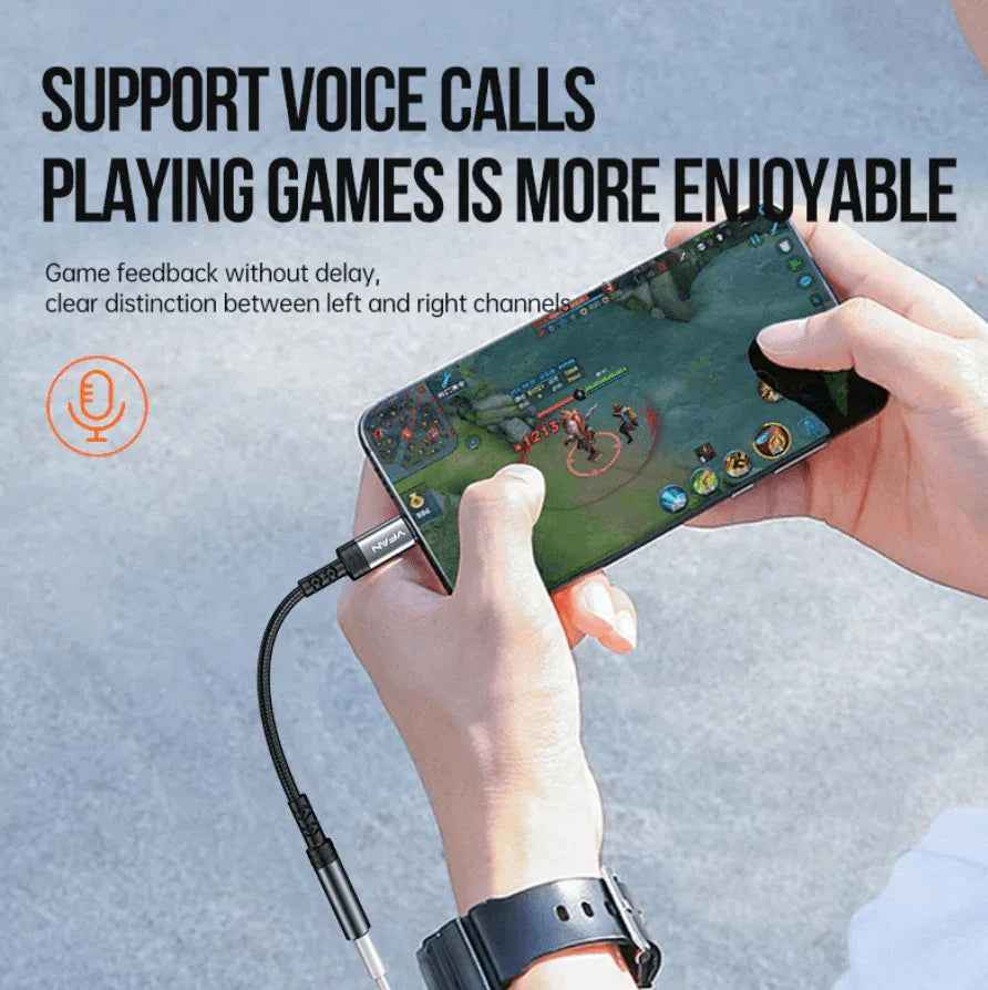 Techplus Type C to 3.5mm audio adapter connected to a device, compact and lightweight design for seamless audio connection.