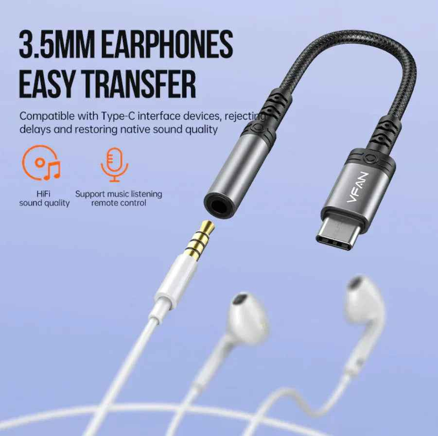 Techplus Type C to 3.5mm audio adapter showing a compact black connector for smartphones and tablets