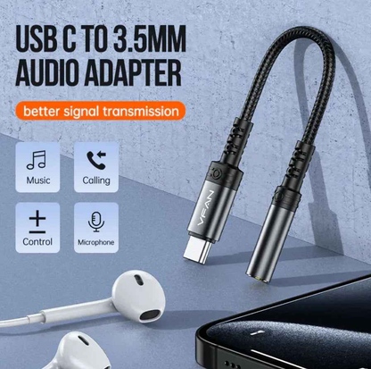 Techplus Type C to 3.5mm audio adapter connected to a device, compact and lightweight for seamless audio connection.