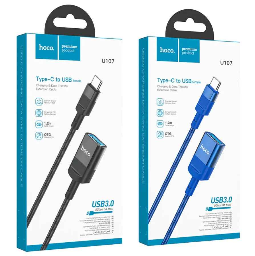 Techplus U107C Type-C extension cable in black, 1.2m length, supports fast charging and data transfer.