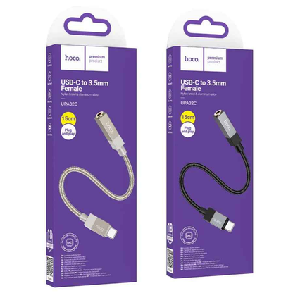 Techplus UPA32C Type C to 3.5mm audio adapter showing a sleek black connector on a white background.
