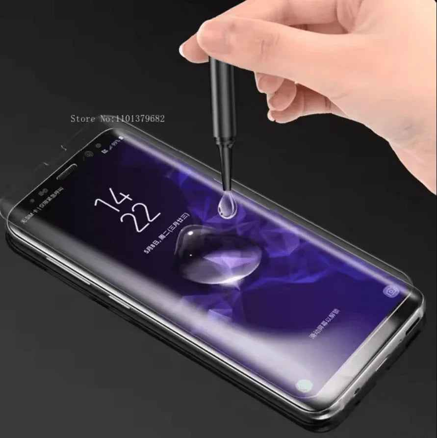 Techplus UV liquid full glue tempered glass screen protector for Samsung Galaxy S22, showing the transparent glass and adhesive side.