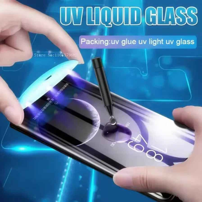 Techplus UV liquid full glue for Samsung Galaxy S22 tempered glass screen protector, applied on a smartphone display.