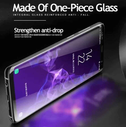 Techplus UV liquid full glue tempered glass screen protector for Samsung Galaxy S22, showing application process on phone screen.