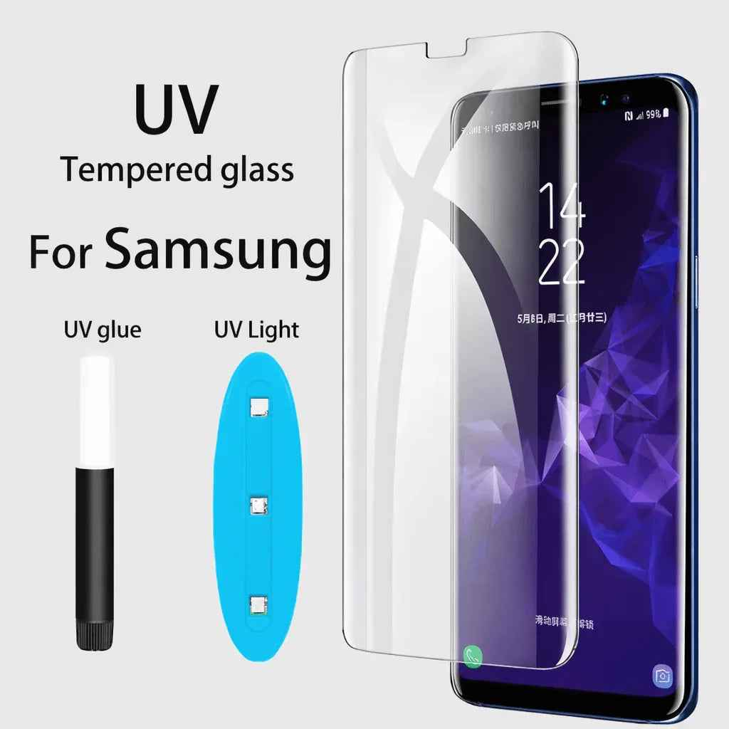 Techplus UV liquid full glue for Samsung Galaxy S23 tempered glass screen protector, showing application process on device.