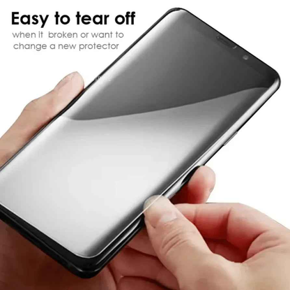 Techplus UV liquid full glue tempered glass screen protector for Samsung Galaxy S24, showing the clear, precise fit on the device.