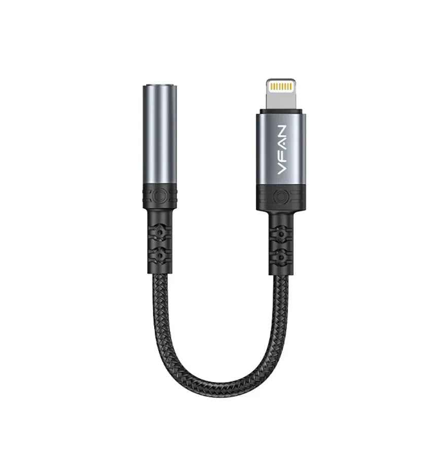 Techplus Vipfan Lightning to 3.5mm audio jack adaptor connected to an iPhone for seamless audio connection.