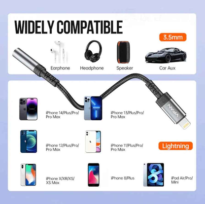 Techplus Vipfan Lightning to 3.5mm audio jack adaptor connected to an iPhone for high-quality audio output.