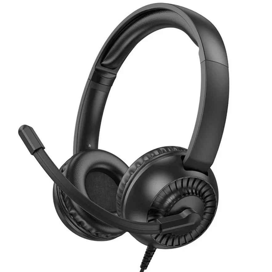 Techplus W112 Pure wired call center headset with 3.5mm and USB-A connectors, featuring adjustable headband and noise-canceling microphone.