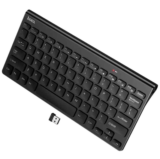 Wireless mini keyboard by TechPlus with USB nano receiver, compact design, black keys, and ergonomic layout.