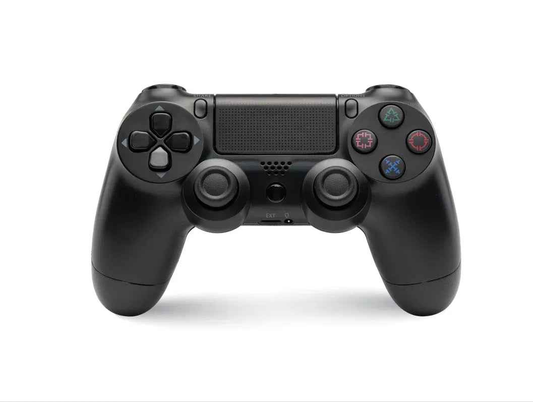 Black PS4 controller by TechPlus for home gaming console, with ergonomic design and button layout visible.