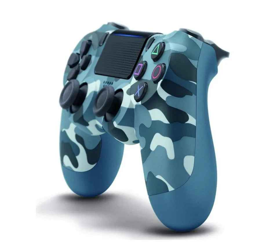Blue camouflage PS4 controller by techplus for home gaming console, detailed design and ergonomic grip visible.
