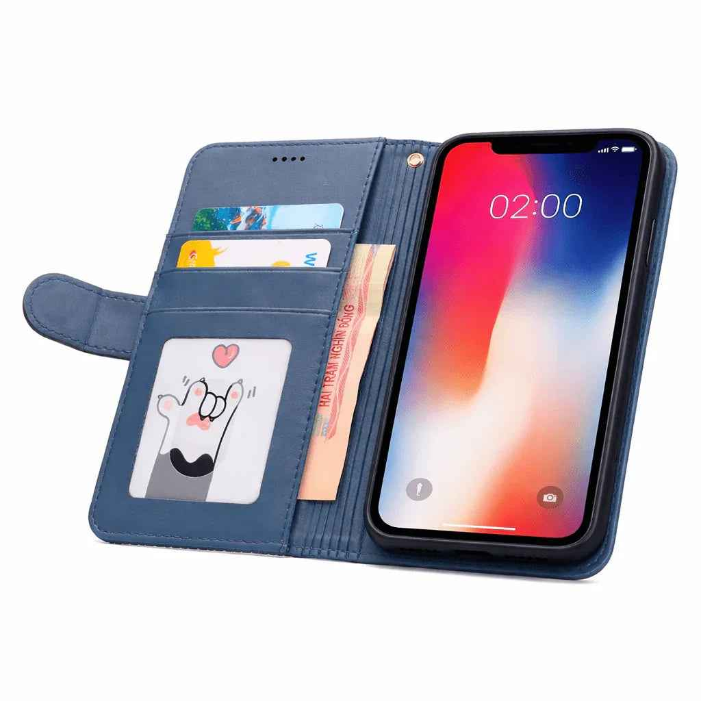 Black iPhone 12 Pro flip wallet case by techplus with cowhide dot pattern, designed for mobile phone protection and style.