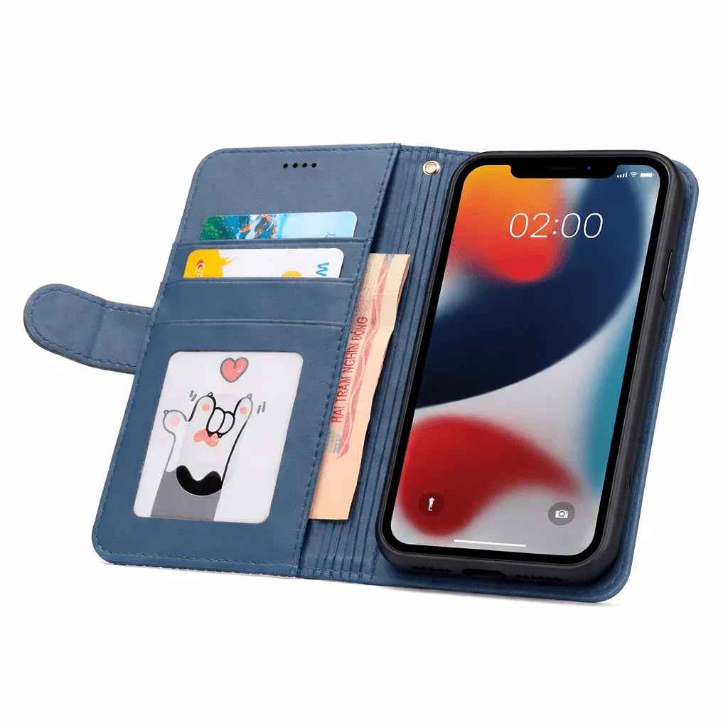 Techplus iPhone 13 Mini flip wallet case in black cowhide with a dot pattern, designed for mobile protection and style.