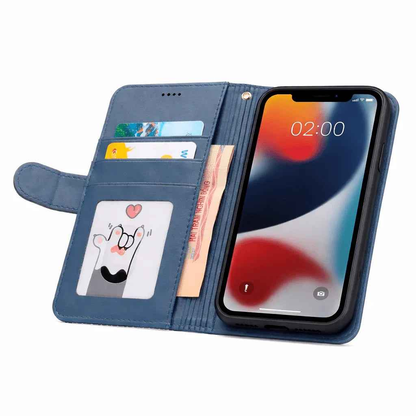 Techplus iPhone 13 Mini flip wallet case in black cowhide with a dot pattern, designed for mobile protection and style.