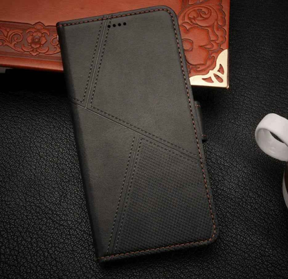 TechPlus iPhone 13 Pro flip wallet case with cowhide dot pattern in black, designed for stylish protection and convenience.