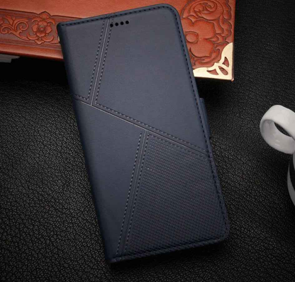 Black iPhone 13 Pro flip wallet case by TechPlus with cowhide dot pattern, designed for mobile phone protection.