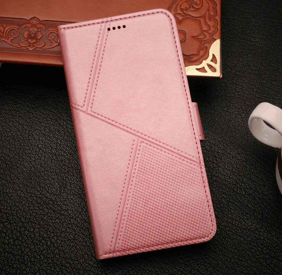 Black iPhone 13 Pro flip wallet case by TechPlus featuring cowhide dot pattern and protective cover for mobile phones.
