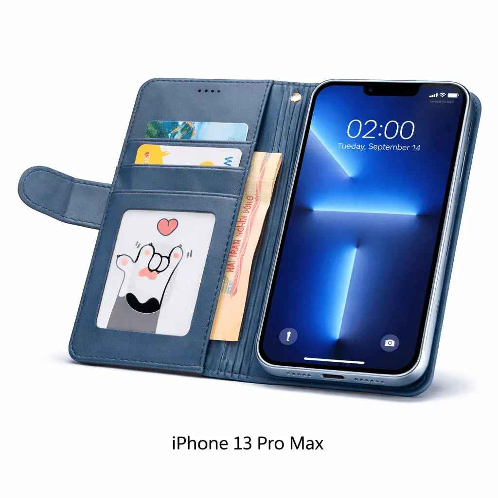 Techplus iPhone 13 Pro Max flip wallet case in black cowhide with a dot pattern, offering stylish protection for your mobile phone.