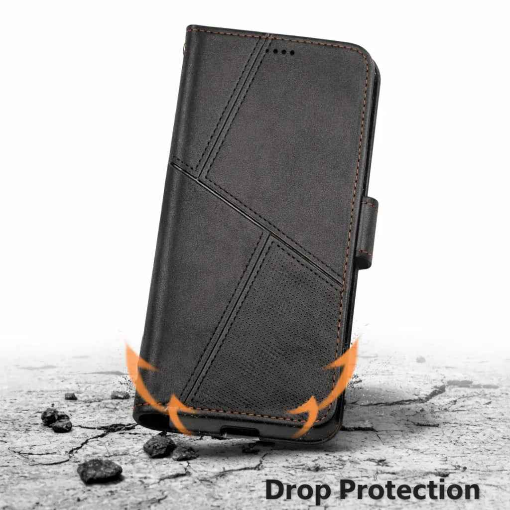 Black iPhone 14 flip wallet case by techplus with cowhide dot pattern, offering stylish protection for mobile phones.