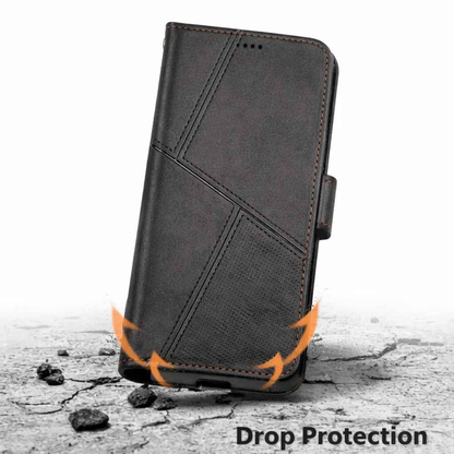 Black iPhone 14 flip wallet case by techplus with cowhide dot pattern, offering stylish protection for mobile phones.