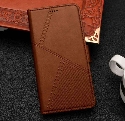 Black iPhone 14 Pro flip wallet case by techplus with cowhide dot pattern, designed for mobile phone protection and style.