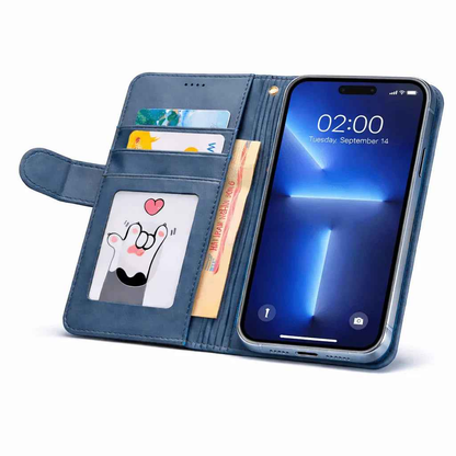 Black iPhone 14 Pro flip wallet case by techplus with cowhide dot pattern, providing stylish mobile protection and card storage.