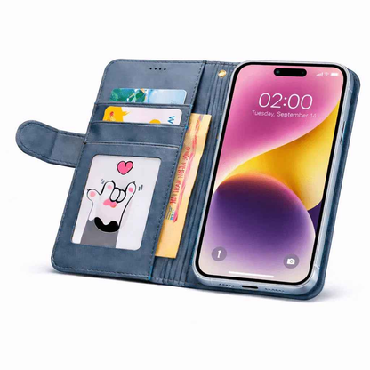 Techplus iPhone 15 Pro flip wallet case in black cowhide with a dotted pattern, designed for mobile phone protection and style.