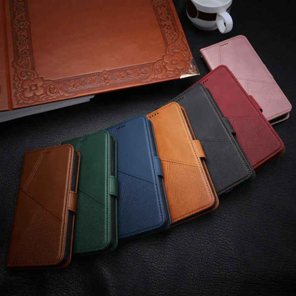 Black iPhone 17 Pro flip wallet case by TechPlus with cowhide dot pattern, made for mobile phone protection and style.