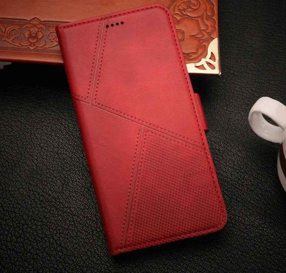 Black iPhone 17 Pro flip wallet case by techplus with cowhide dot pattern, offering stylish protection and card storage.