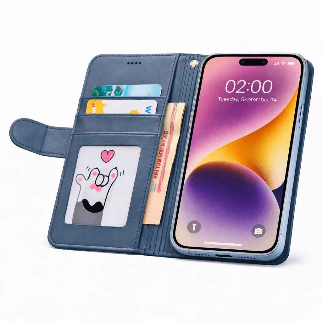 Black iPhone 17 Pro flip wallet case by techplus with cowhide dot pattern, offering stylish protection for mobile phones.