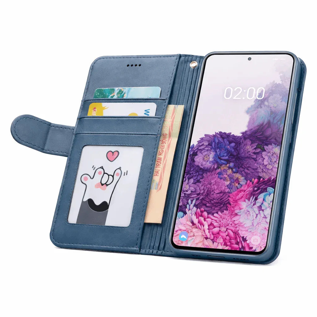 Techplus Samsung Galaxy S20 flip wallet case with cowhide dot pattern, offering stylish protection for mobile phones.
