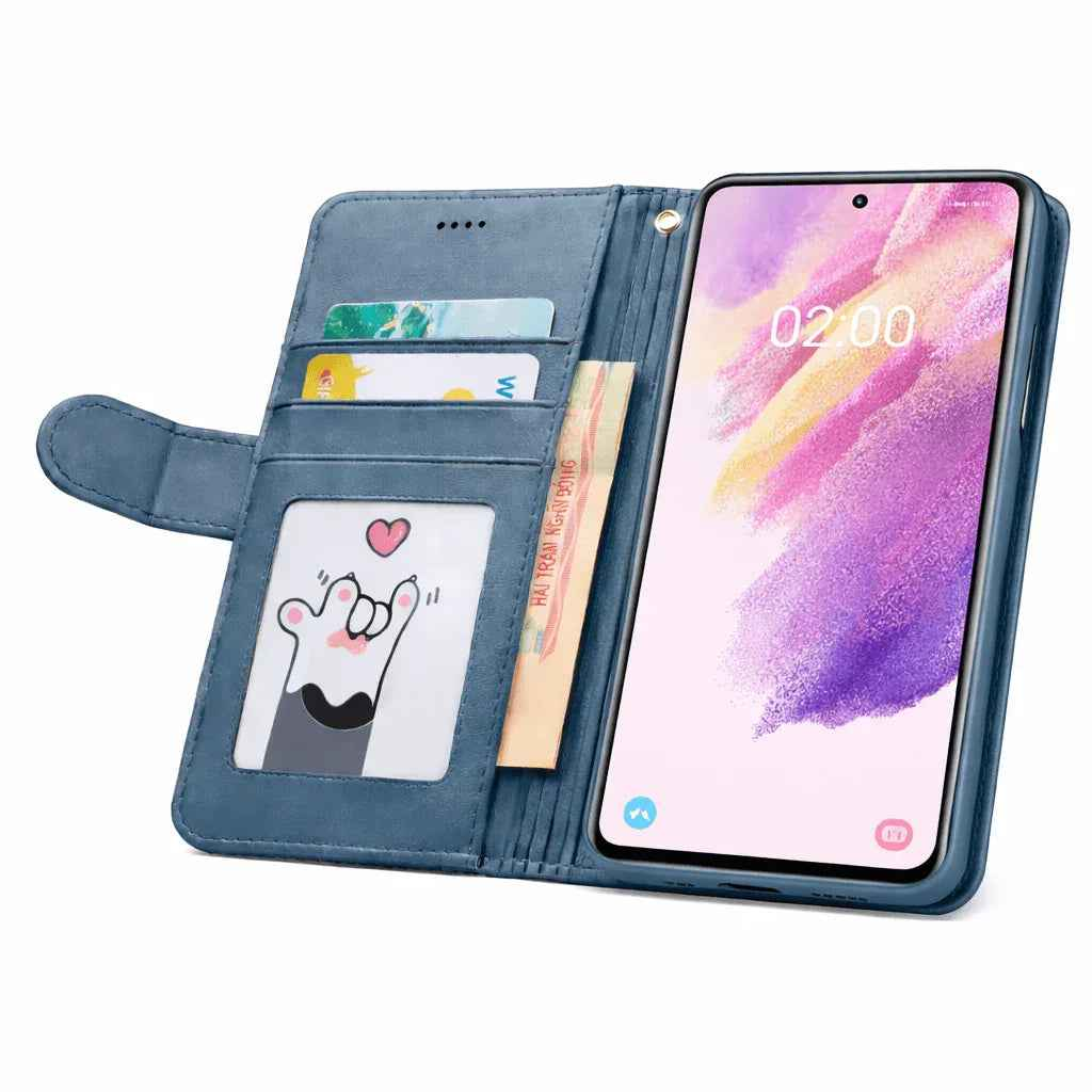 Techplus Samsung Galaxy S21 FE flip wallet case in black with cowhide dot pattern, offers stylish protection for your mobile phone.