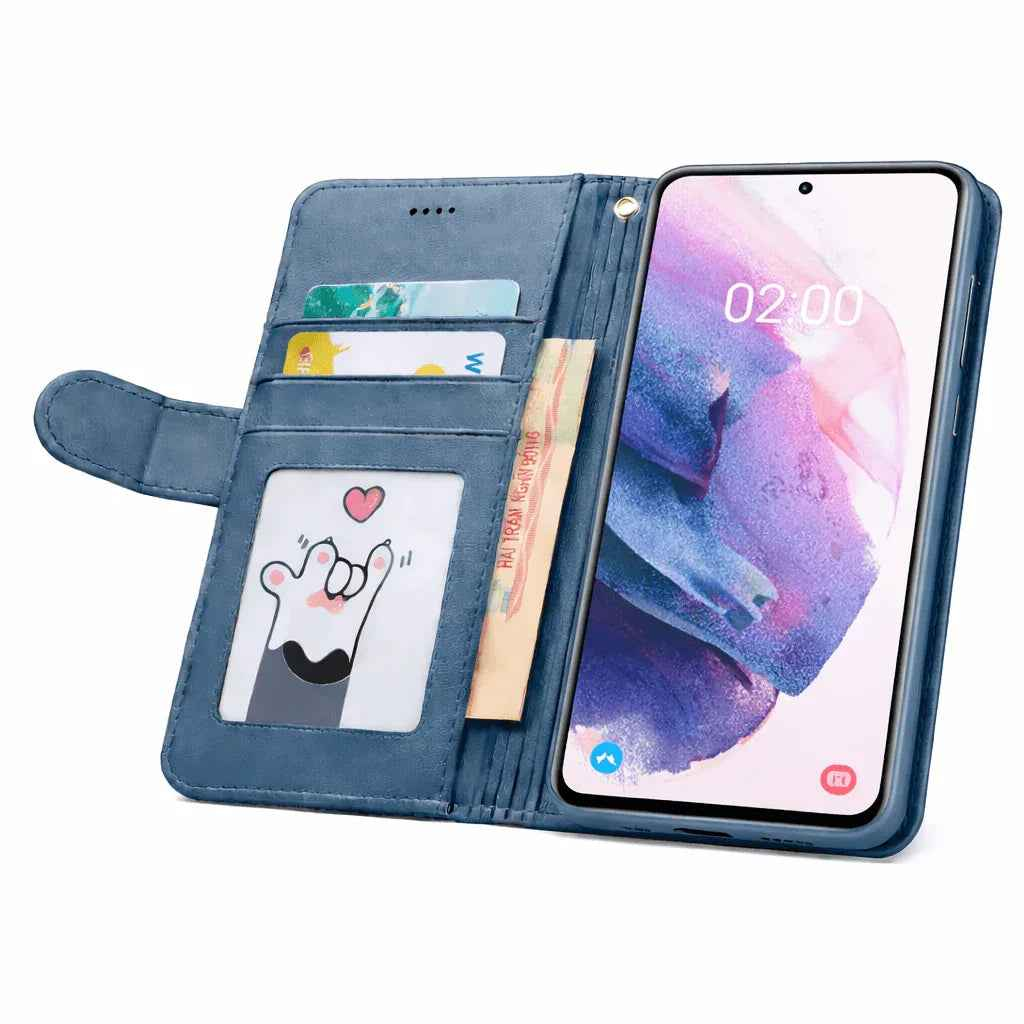 Black Samsung Galaxy S21 flip wallet case with cowhide dot pattern by techplus, featuring a stylish and protective mobile phone cover.