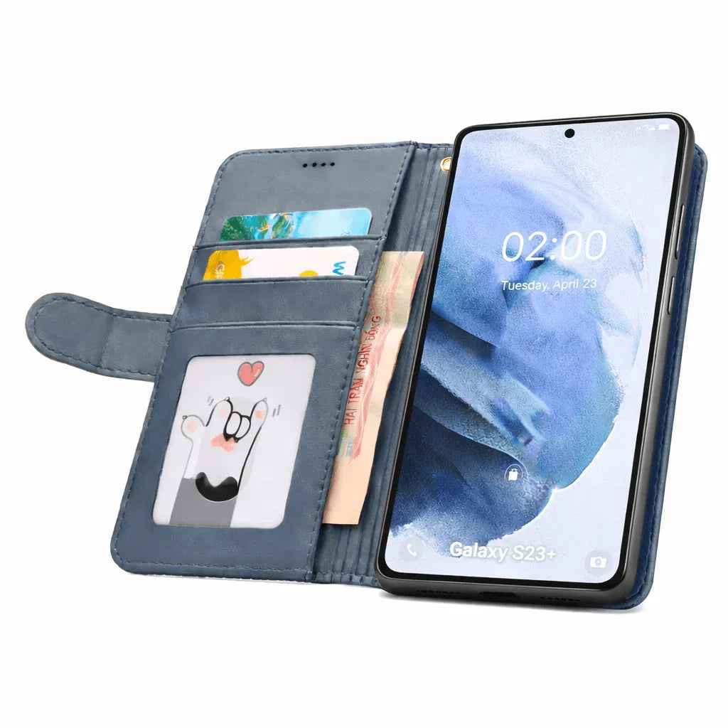 Techplus Samsung Galaxy S23 Plus flip wallet case with black cowhide dot pattern, made for mobile phone protection and style.
