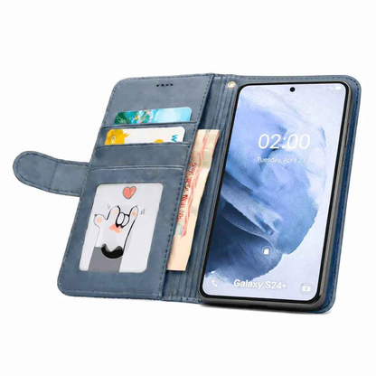 Black Samsung Galaxy S24 Plus flip wallet case by techplus with cowhide dot pattern, designed to protect and hold your phone.
