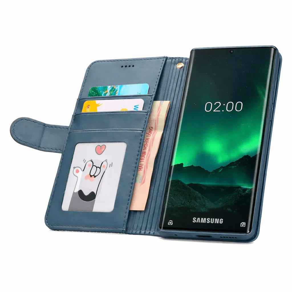Techplus Samsung Galaxy S24 Ultra flip wallet case in black cowhide with dot pattern, offering stylish protection for your phone.