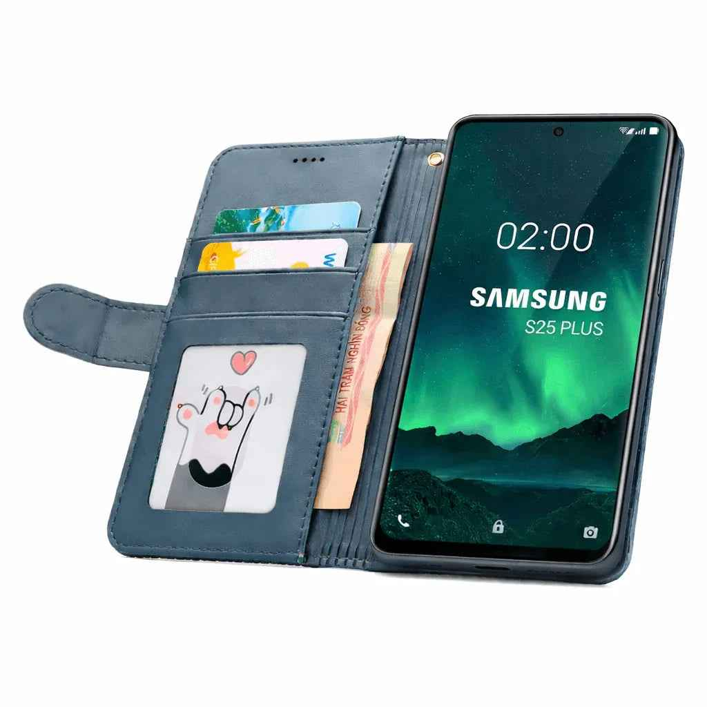 Black Samsung Galaxy S25 Plus flip wallet case with cowhide dot pattern by techplus, designed for stylish mobile protection.