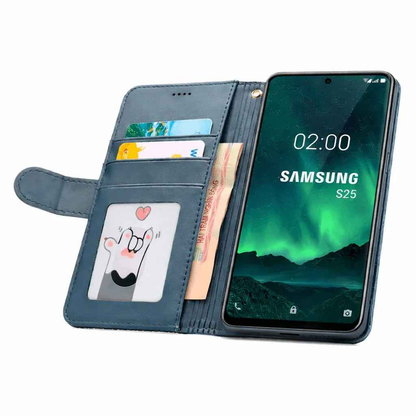 Black Samsung Galaxy S26 flip wallet case by techplus with cowhide dot pattern, offering stylish protection for your mobile phone.